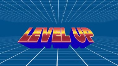 Animation of level up in blue space with lines. video games, communication and entertainment concept digitally generated video.