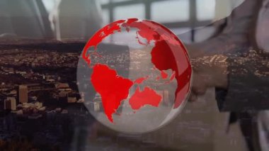 Animation of globe and business people shaking hands over cityscape. Global communication, business and digital interface concept digitally generated video.