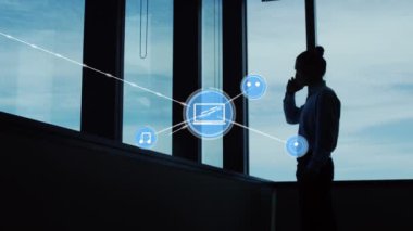 Animation of network of connections over caucasian female engineer using smartphone. global business, connections and technology concept digitally generated video.
