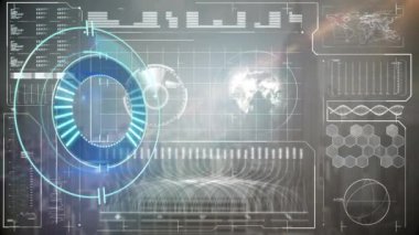 Animation of scope scanning and data processing on screen over cityscape. Global data processing, digital interface and connections concept digitally generated video.
