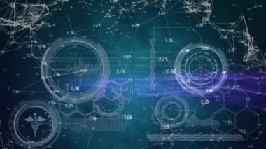 Animation of network of connections over data processing on black background. global technology, data processing and connections concept digitally generated video.