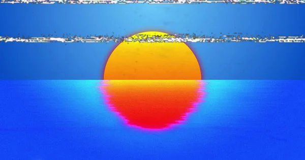 Image of interference and sun over water on blue background. Abstract background, colour and movement concept digitally generated image.