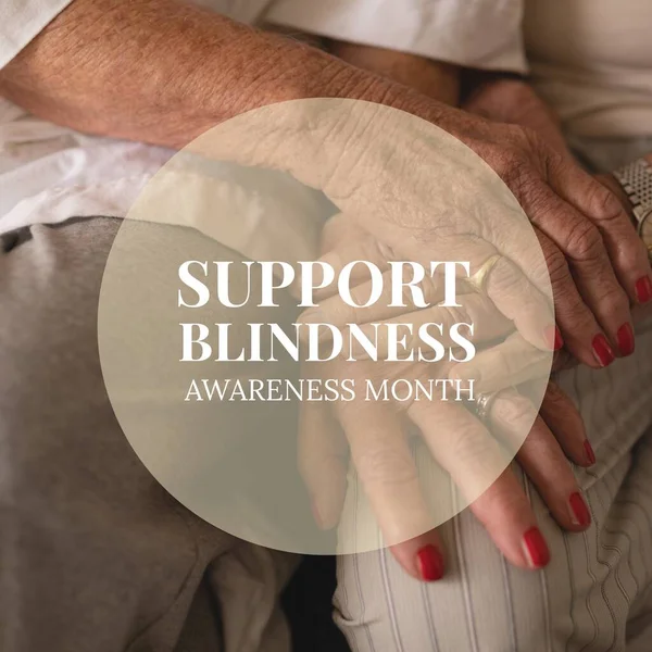 Composition of blindness awareness month text over holding hands. Blindness awareness month and celebration concept digitally generated image.