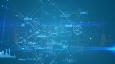 Animation of network of connections over digital city on blue background. global technology, connections and digital interface concept digitally generated video.