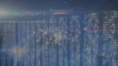 Animation of binary codes forming bar graphs and moving lines with stock market data. Digitally generated, hologram, investment, database, investment, futuristic and technology concept.