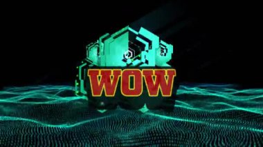 Animation of wow text with hexagonal shapes rotating over wave patterns moving in loop, copy space. Multiple exposure, digitally generated, abstract, majestic, expressing and admire concept.