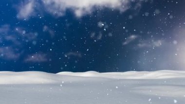 Animation of snowflakes and snow falling over snow covered landscape against blue sky. Digital composite, nature, winter, christmas festivity, celebration, vector and holiday concept.