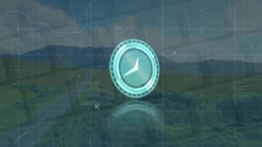 Animation of moving clock and data processing over keyboard and landscape. Global business, technology and digital interface concept digitally generated video.