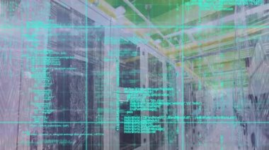 Animation of data processing over globe of network of connections against computer server room. Global networking and business data storage technology concept