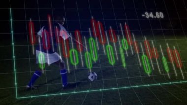 Animation of clock and data processing over african american male football player with ball on pitch. Sports, competition, computing and data processing concept digitally generated video.