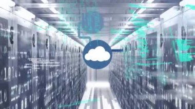 Animation of network of connections with icons and data processing over computer servers. Global cloud computing and data processing concept digitally generated video.