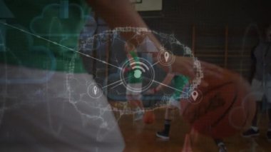 Animation of communication network over diverse female basketball team training indoors. Communication network, sport, competition and digital interface concept digitally generated video.