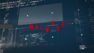 Digital video of malware text with computer interface and analysis in background. Data, networking, security, computer hack.