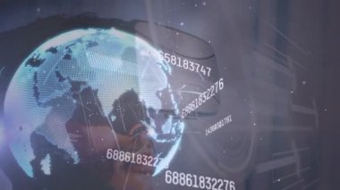 Animation of numbers, connections and globe over caucasian man in vr headset. Data processing, communication and virtual reality concept digitally generated video.