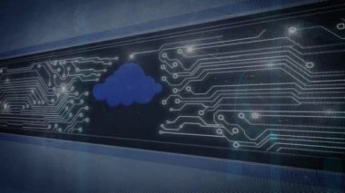 Animation of digital cloud with moving arrows with electronic circuits board patterns. Digitally generated, hologram, data storage, internet, connection, futuristic and technology concept.