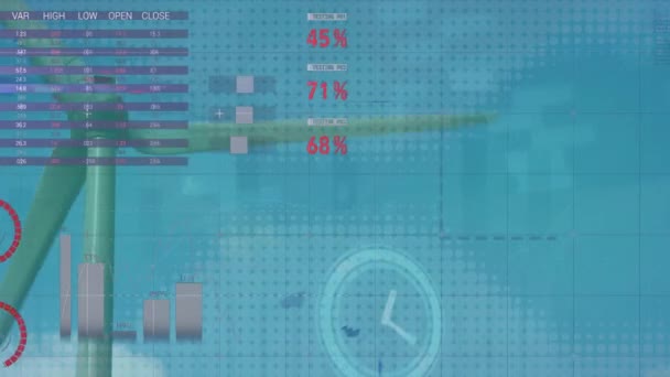 Animation Statistical Data Processing Ticking Clock Spinning Windmill Blue Sky — Vídeos de Stock