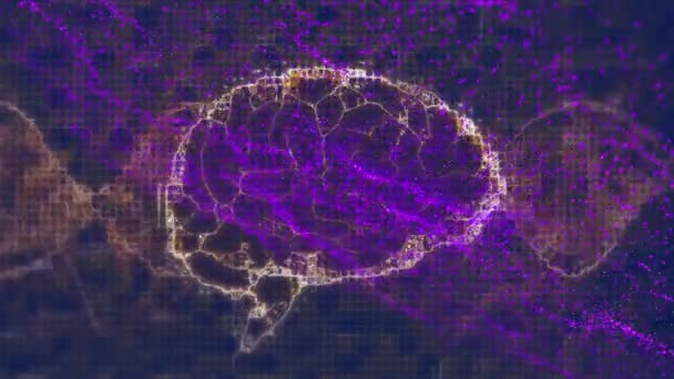 Animation Neon Purple Particle Waves Moving Human Brain Dna Computer — Vídeo de Stock