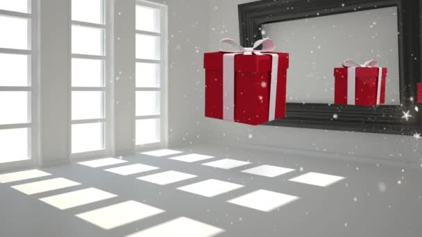 Animation Red Christmas Gift Boxes Jumping Window Snowfall Frame Copy — Vídeo de Stock