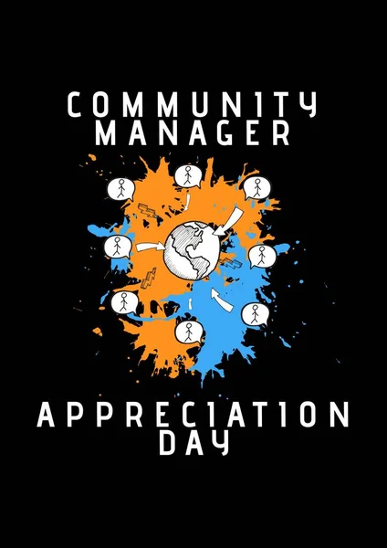 Composition of community manager appreciation day text with icons on black background. Community manager appreciation day and celebration concept digitally generated image.
