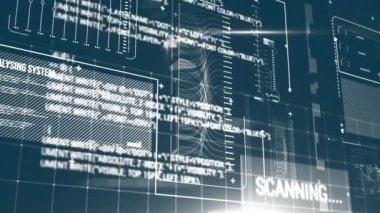 Animation of data processing on blue background. global finances, computing and digital interface concept digitally generated video.