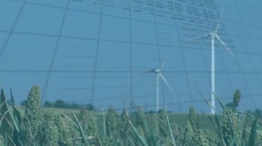 Animation of statistics and data processing over wind turbines. Global sustainability, eco energy and data processing concept digitally generated video.
