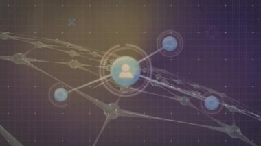 Animation of network of connections with people icons over pattern. Global networks, connections and data processing concept digitally generated video.