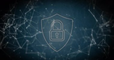 Animation of digital shield with padlock and connections in navy digital space. Data safety, digital security, global network and technology concept digitally generated video.