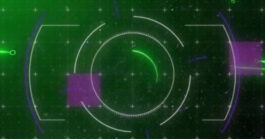 Animation of integrated circuit over data processing on digital screen with circles and glitch. Digital screen, interface, computers, data and technology concept digitally generated video.