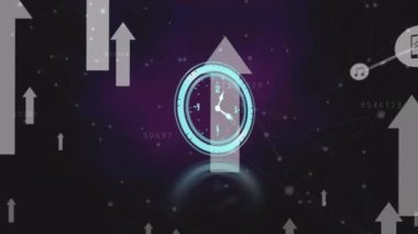 Animation of neon ticking clock and network of digital icons and multiple arrow moving upwards. Computer interface and business technology concept
