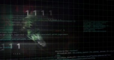 Animation of data processing over binary code and caucasian male hacker. Global data safety, hackers attack and technology concept digitally generated video.