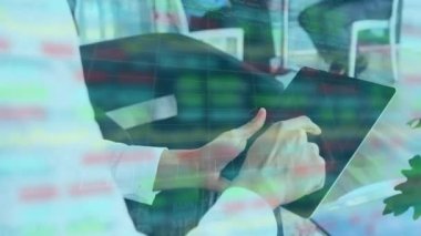 Animation of financial graphs over hands of caucasian woman using tablet with copy space. Business, finance, economy and working with technology concept digitally generated video.