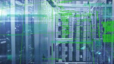 Bilgisayar sunucuları üzerinden veri işleme animasyonu. küresel hesaplama, dijital arayüz ve dijital olarak oluşturulmuş video işleme kavramı.
