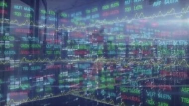 Animation of digital line graph over trading board moving in loop. Hologram, digitally generated, multiple exposure, data, investment, finance and technology concept.