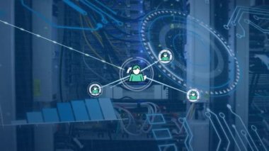 Animation of network of people icons and data processing over computer server room. Global communication, business network and data sharing concept digitally generated video.