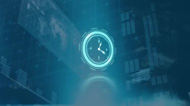 Veri işleme üzerinde hareket eden saatin animasyonu. Küresel iş ve dijital arayüz kavramı dijital olarak oluşturulmuş video.