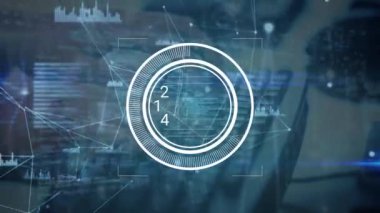 Animation of scope scanning with growing number and data processing over hands typing on keyboard. Global technology, computing and digital interface concept digitally generated video.