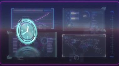 Animation of moving clock and data processing on black background. Global technology, computing and digital interface concept digitally generated video.