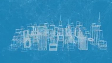 Animation of network of connections over digital city on blue background. global technology, connections and digital interface concept digitally generated video.