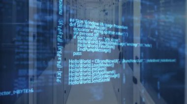 Animation of data processing against empty computer server room. Computer interface and business data storage technology concept