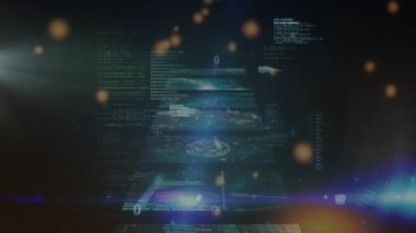 Digital infographic interface with graphs, profile icons and security camera, binary codes. Animation, digitally generated, database, electronics, investment, communication and technology concept.