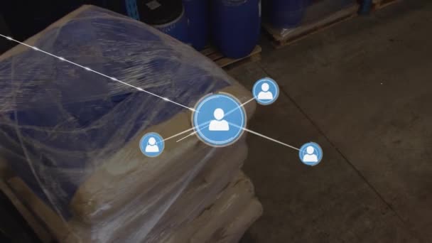 Animation Network Connections Icons Worker Warehouse Global Business Digital Interface — Vídeo de Stock