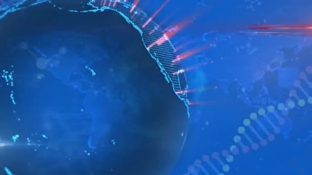 Animation Dna Strand Covid Cells Globe Blue Background Global Covid — 图库视频影像