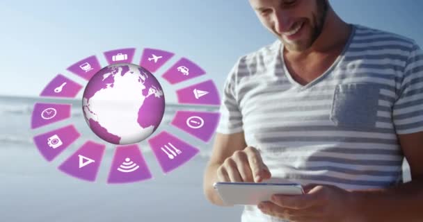 Animation Travel Icons Globe Caucasian Woman Using Tablet Global Travel — Video