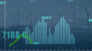 Animation of financial data and graphs over digital screen and wind turbines. Green energy, econ power, finance and economy concept digitally generated video.