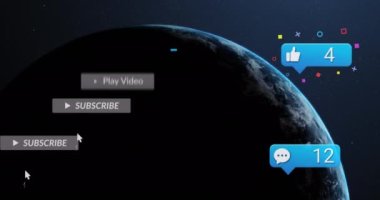 Animation of social media notifications processing data over globe on black background. Global communication, social media, data and digital interface concept digitally generated video.