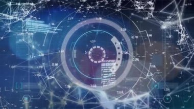 Animation of scanner processing data and communication network on black background. Global communication, business, data and digital interface concept digitally generated video.