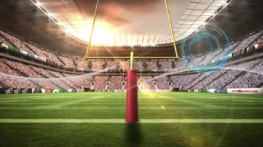 Animation of scanner and communication network over american football stadium pitch. Global communication, sport, competition and digital interface concept digitally generated video.