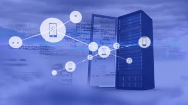 Animation of network of connections with icons and data over computer server in clouds. Global cloud computing,connections, networks and data processing concept digitally generated video.