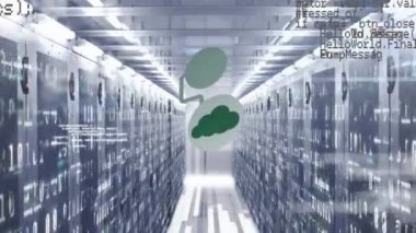 Animation of cloud icon with connections, data processing over computer servers. Global cloud computing, digital interface and data processing concept digitally generated video.