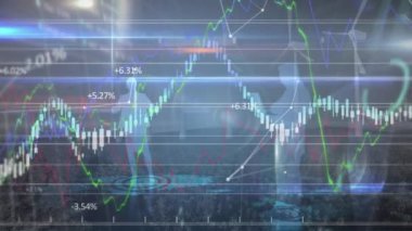 Animation of statistics and data processing over business people and wind turbines. Global sustainability, wind energy, computing, networking and data processing concept digitally generated video.